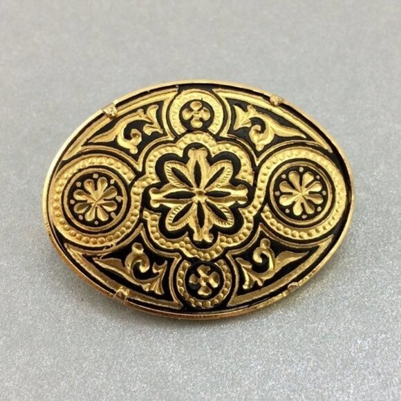 Vtg Toledoware Faux Damascene Oval Brooch Pin Arabesque Flower Goldtone Black - Picture 1 of 12